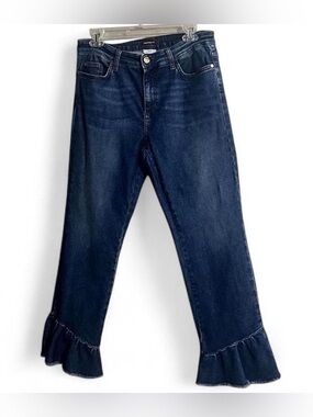 iBLUES Dark Wash Cropped‎ Straight Leg Jeans with Flared Frayed Ruffled Hem